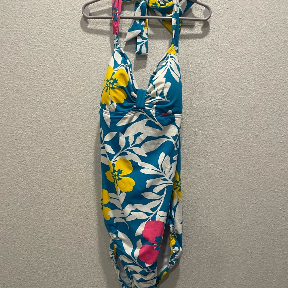 Tommy Hilfiger Blue Floral Halter One-Piece Swimsuit Size L Classic Beach NWT